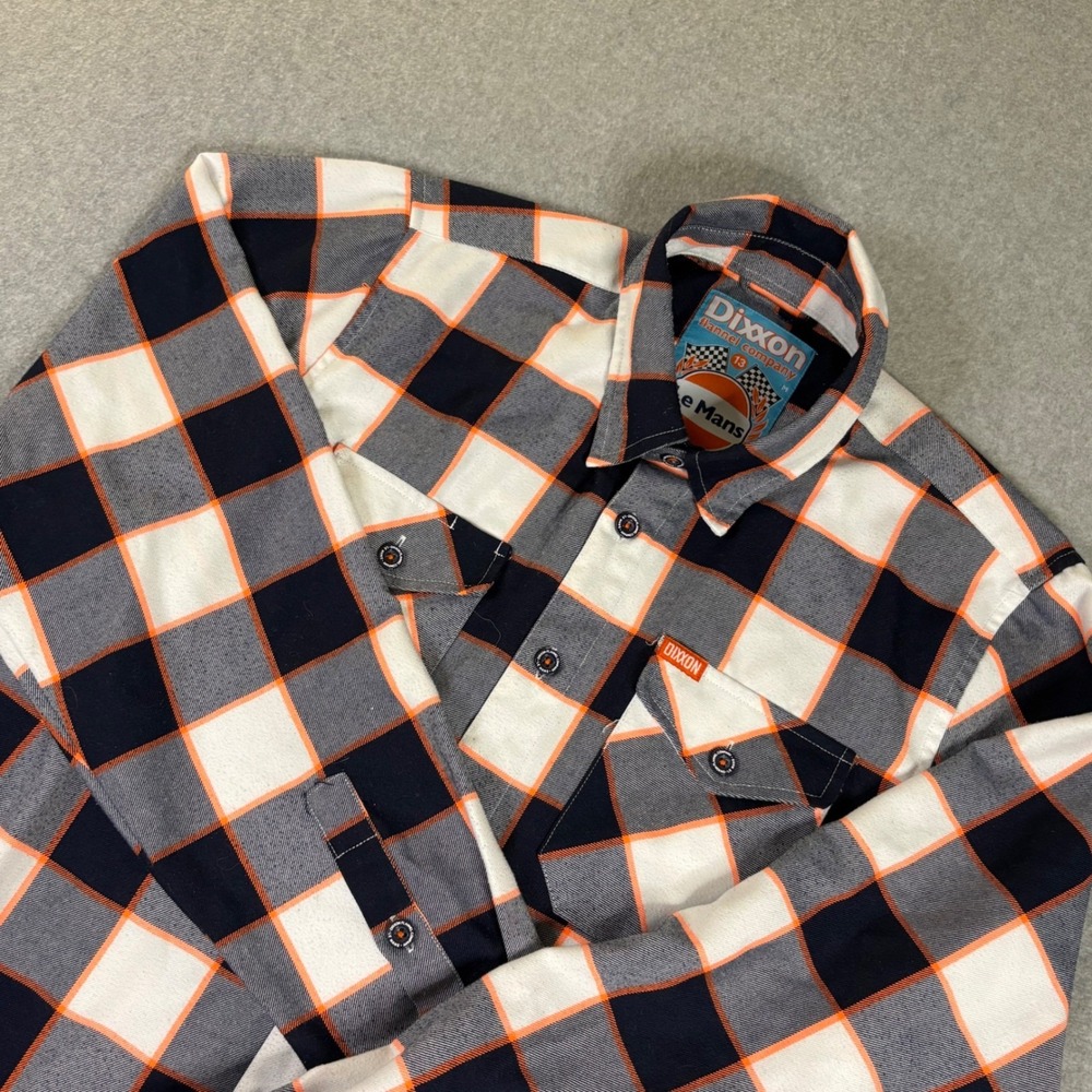 Dixxon Flannel Co Le Mans Plaid Shirt Mens Medium Orange Navy Blue D-Tech Biker